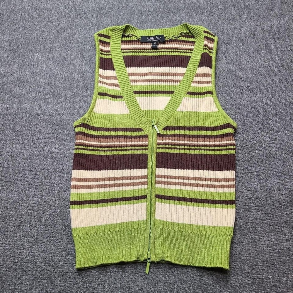 Witty Fox Sweater Vest Women Medium Green Striped New Zip‎ Up Ribbed Knit Top